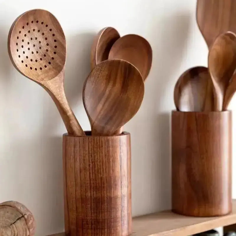 KX4B 8 Pieces Wooden Spatula Set Natural Teak Kitchenoden Spoon Cooking Utensils